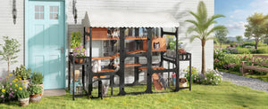 English Elm Large Pine Wood Catio Outdoor Cat Enclosure with Wire Mesh and Dual Plant Stands Black N704G201617B