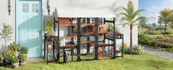 English Elm Large Pine Wood Catio Outdoor Cat Enclosure with Wire Mesh and Dual Plant Stands Black N704G201617B