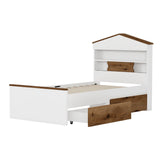 English Elm Twin Size House-Shaped Wooden Bed With Storage Shelf On The Headboard, Built-In Two Storage Drawers, Brown