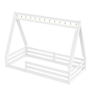 English Elm Twin Montessori Floor Bed Solid Pine Teepee Frame with Guardrails and Canopy Light W1580P369465