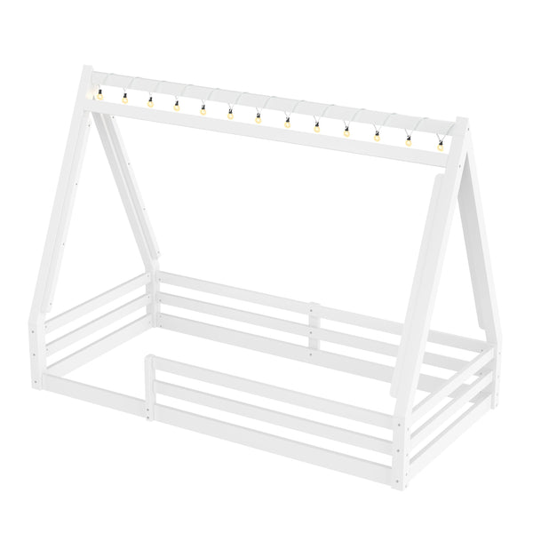 English Elm Twin Montessori Floor Bed Solid Pine Teepee Frame with Guardrails and Canopy Light W1580P369465