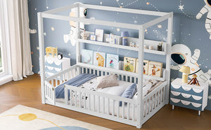 English Elm Twin House Floor Bed with Door and Full-Length Guardrails, Solid Wood Double Twin Floor Bed for Kids' Playful Rooms Light White W1580P359327
