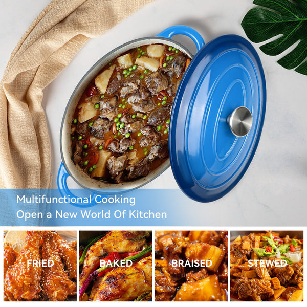 English Elm The oval dutch oven 11.4" 3.5L Blue Enamel Cast Iron, Nonstick Easy-Clean, Even Heat & Moisture Locking T3950P391586