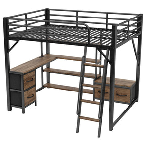 English Elm Queen Size Loft Bed With Desk & Led Lighting - Stylish Metal Bed With Storage & Workstation For Small Spaces W2593S00041-GIGA