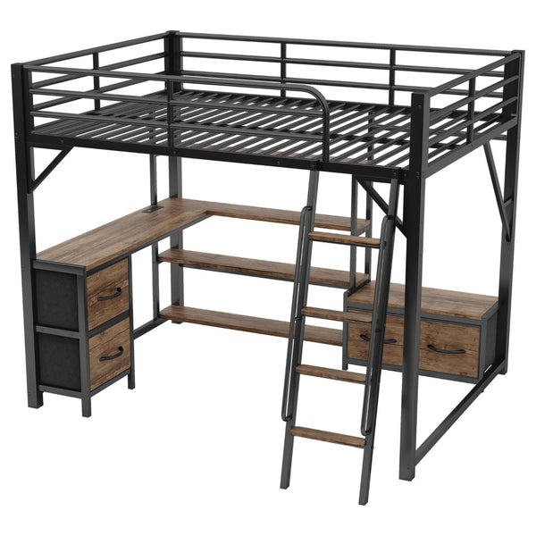 English Elm Queen Size Loft Bed With Desk & Led Lighting - Stylish Metal Bed With Storage & Workstation For Small Spaces W2593S00041-GIGA