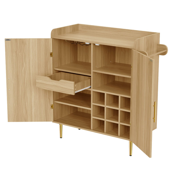 English Elm Modern Fluted Bar Cabinet with Wine Rack Glass Holders Adjustable Shelving and Hidden Drawer Natural N728P438606N