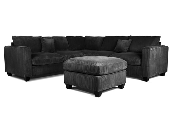 English Elm 4pc Corduroy Sectional Sofa Set with Ottoman Corner Wedge and Low-profile Modern Legs Black B011S02227