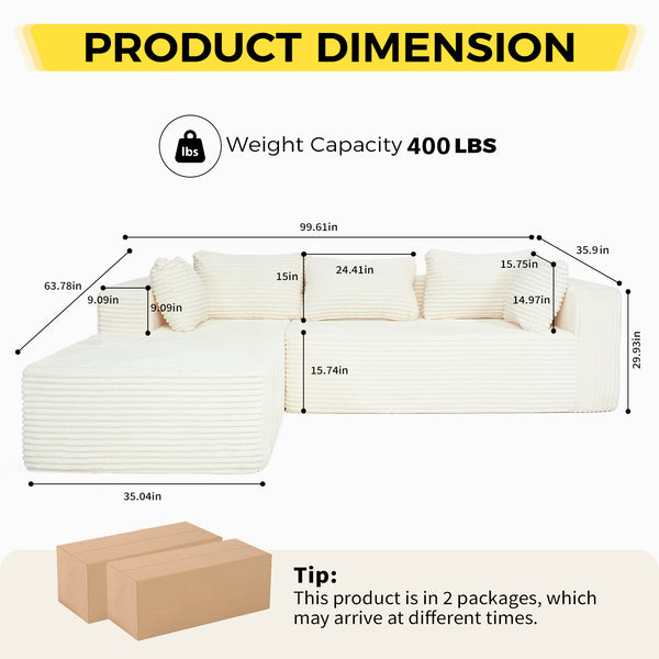 English Elm 100" Corduroy L-shaped Sectional with Deep Foam Seats for Modern Living Rooms T5880S00008
