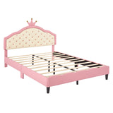 English Elm Full Size Lovely Crown Fantasy Pu Leather Princess Bed With Tufted Headboard, Pink+Cream