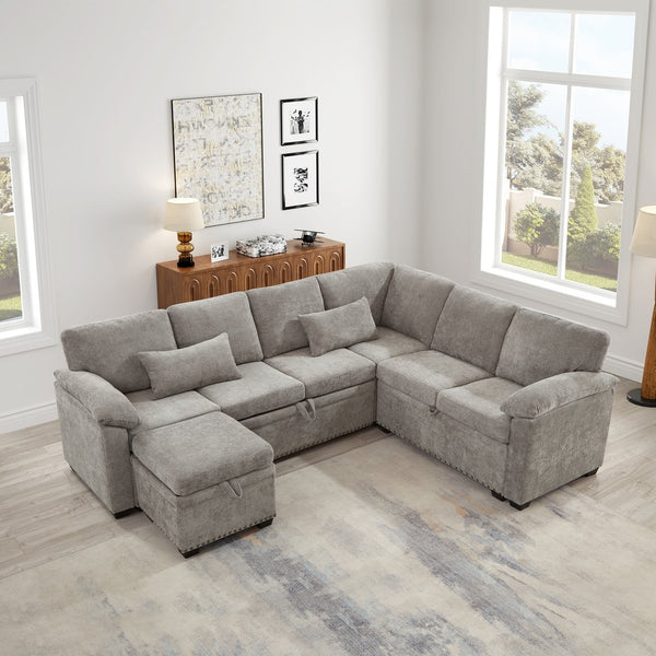 English Elm 97 Inch L-shaped Chenille Sectional Sofa with Sleeper Storage Ottoman 7 Seats Grey W1669S00018