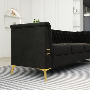 English Elm FX-P83-BK2(SOFA Luxurious Black Velvet 3-Seat Chesterfield Couch with Gold Legs, Tufted, Removable Cushions W576S00077