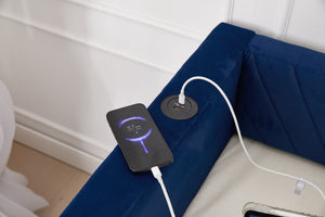 English Elm Twin Velvet Upholstered Daybed with Trundle, V-Pattern Backrest, USB Port, Side Pockets, Sturdy Design Navy W1361S00044