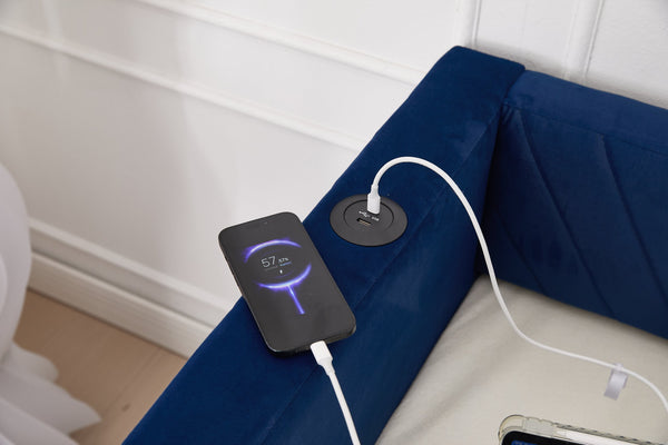 English Elm Twin Velvet Upholstered Daybed with Trundle, V-Pattern Backrest, USB Port, Side Pockets, Sturdy Design Navy W1361S00044