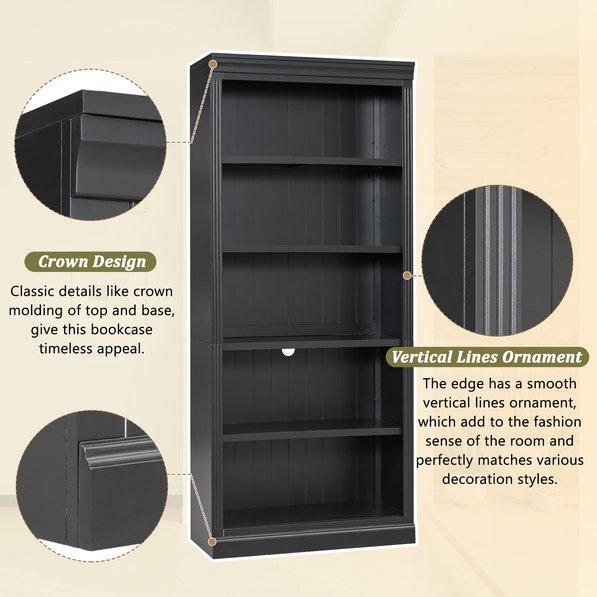 English Elm 83.4" Tall Wood Bookcase with LED Light Strip, 5-Tier Adjustable Shelves, Cable Hole, Modern Black Storage Organizer N751S246934B