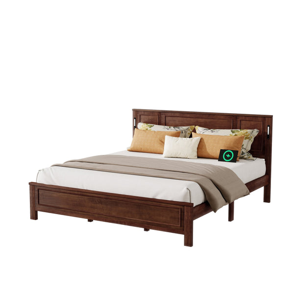 English Elm King Pine Wood Platform Bed with Led Lighting Usb Charging Tall Panel Headboard Walnut W504S00275