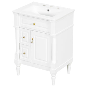 English Elm 24 Inch Freestanding Vanity with Ceramic Sink Rubberwood Frame Matte Finish Storage White N725P356058K