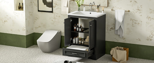 English Elm 24'' Bathroom Vanity with Ceramic Sink Combo Modern Freestanding MDF Cabinet with Soft-Close Doors and Sleek Silver Handles for Spacious Organized Bathroom Storage Black N710P194893B
