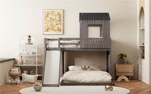 English Elm Wooden Twin Over Full Bunk Bed Farmhouse Playhouse Slide Pinewood Kids Loft LT000328AAE