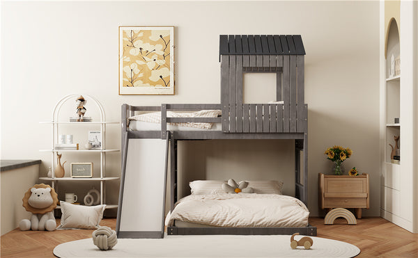 English Elm Wooden Twin Over Full Bunk Bed Farmhouse Playhouse Slide Pinewood Kids Loft LT000328AAE