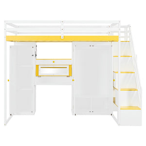 English Elm Full Size Teen Loft Bed with Staircase Shelves Wardrobe Vanity and Led Lighting LT000276AAL