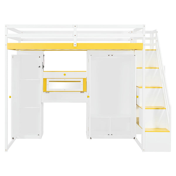 English Elm Full Size Teen Loft Bed with Staircase Shelves Wardrobe Vanity and Led Lighting LT000276AAL
