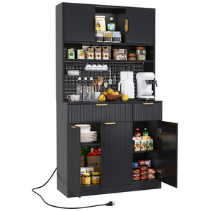 English Elm Pantry Hutch with Fluted Mdf Panels Charging Station Pegboard and Open Shelving T3773P416035