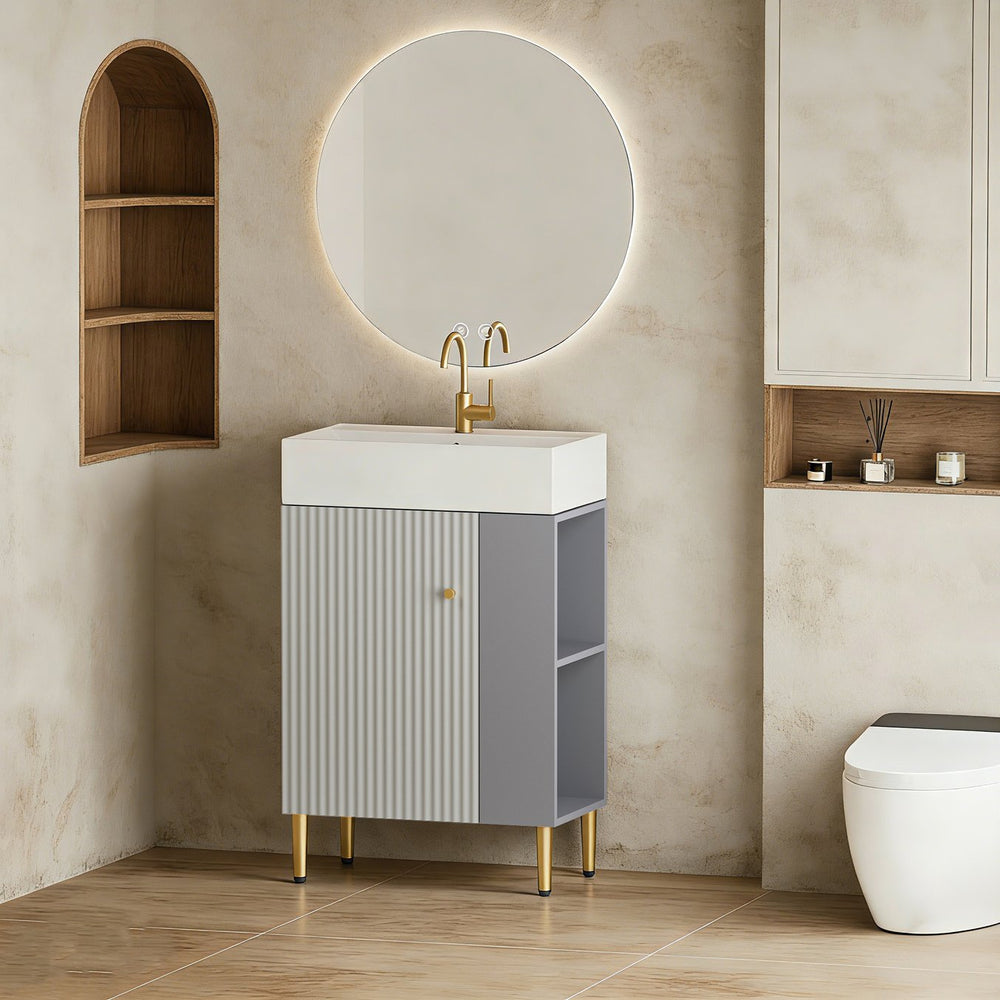 English Elm 21.6" Bathroom Vanity Ceramic Sink Soft Close Cabinet Open Shelf Grey Finish W1573S00023