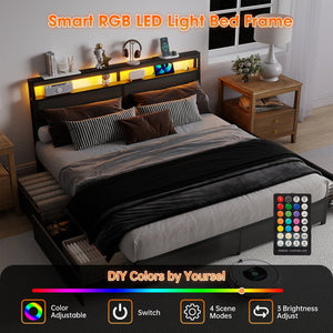 English Elm Queen Metal Platform Bed with Rgb Led Headboard Charging Station and Underbed Storage T3963P483004