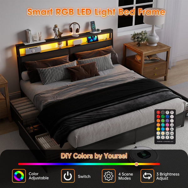 English Elm Queen Metal Platform Bed with Rgb Led Headboard Charging Station and Underbed Storage T3963P483004