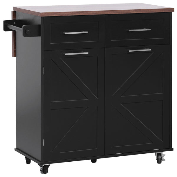 English Elm K&K 47.2" Farmhouse Kitchen Island with Drop Leaf, Removable Side Shelf, Trash Cabinet, Wheels Black N707P307296B