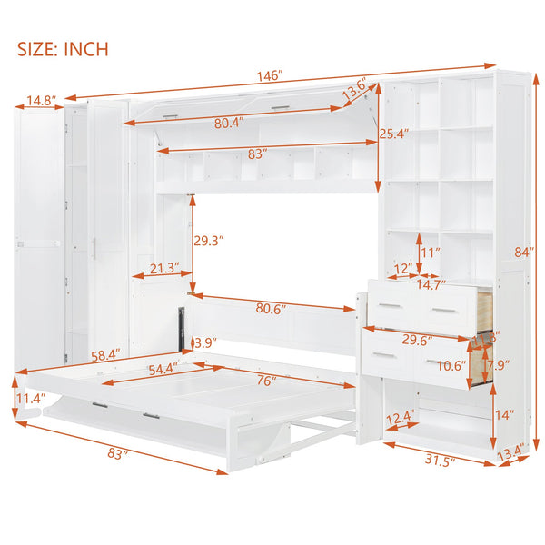 English Elm Full Size Murphy Wall Bed with Wardrobe Drawers Shelving for Studio Apartments LP000383AAK