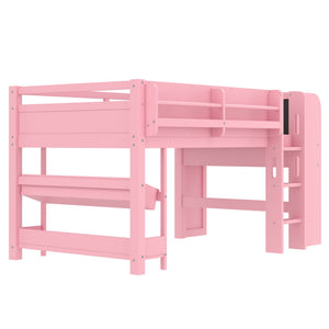 English Elm Twin Low Loft Bed Solid Pine Frame Kids Study Desk Blackboard Storage White W1580S00298