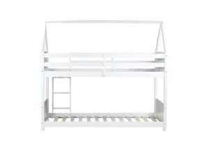 English Elm Twin House-Style Twin Bunk Bed With Safety Guardrails, Ladder & Play Space – White Rubberwood Design W504P227972-GIGA