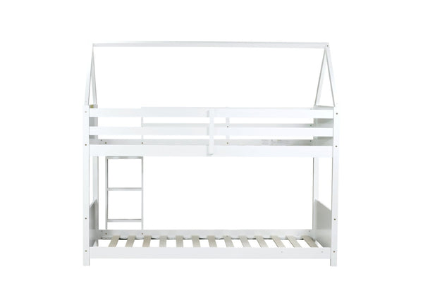 English Elm Twin House-Style Twin Bunk Bed With Safety Guardrails, Ladder & Play Space – White Rubberwood Design W504P227972-GIGA