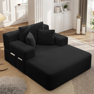 English Elm Luxurious Corduroy Convertible Chaise Lounge Sofa Bed with Foam Support for Apartments Black W3219P449015
