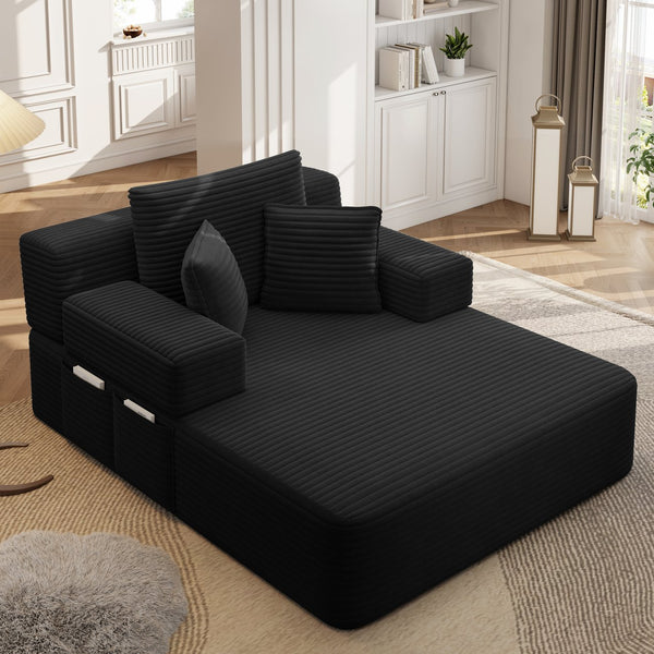 English Elm Luxurious Corduroy Convertible Chaise Lounge Sofa Bed with Foam Support for Apartments Black W3219P449015