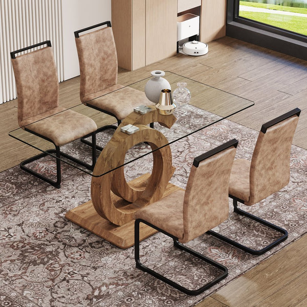 English Elm 1 Contemporary 5-Piece Dining Set With Tempered Glass Tabletop & 4 Brown Fabric Chairs For Home W1151S04027