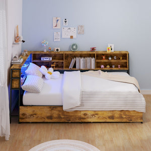 English Elm Corner Bed Frame With Storage Bookcase - Twin Daybed With Drawers, Led Lights & Charging Station! W3107P334220