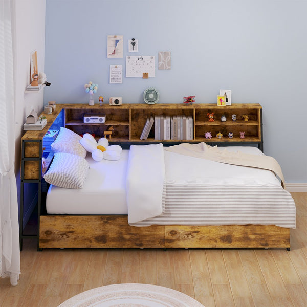English Elm Corner Bed Frame With Storage Bookcase - Twin Daybed With Drawers, Led Lights & Charging Station! W3107P334220