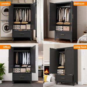 English Elm 60" Powder-coated Steel Wardrobe with Hanging Rod Drawer and Shelf for Slim Spaces W3387P396209