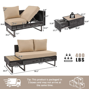 English Elm K&K 6-Pers Diamond Weave Patio Sectional Set with Thick Cushions, Extendable Ice Coffee Table, UV-Resistant Wicker Khaki+Brown N707S000013K