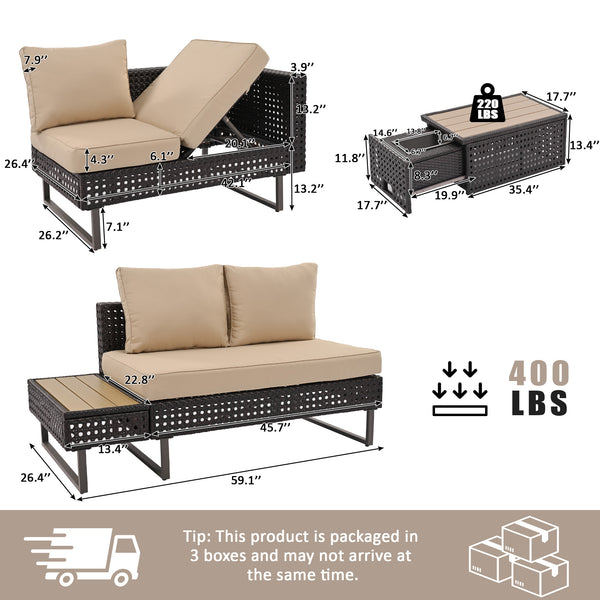 English Elm K&K 6-Pers Diamond Weave Patio Sectional Set with Thick Cushions, Extendable Ice Coffee Table, UV-Resistant Wicker Khaki+Brown N707S000013K