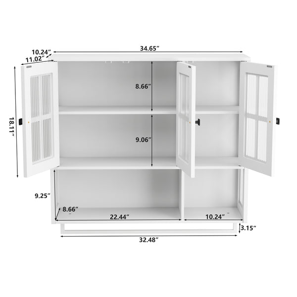 English Elm Bathroom Wall Cabinet with 3 Doors and Glass Panel, MDF Storage Cabinet with Towel Bar, Modern 35.6"L x 10.2"W x 32.5"H White W757P329727