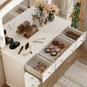 English Elm <old Sku Hollywood Vanity with 10 Bulbs 9 Drawers Cushioned Stool White Glam Bedroom N704G202308A