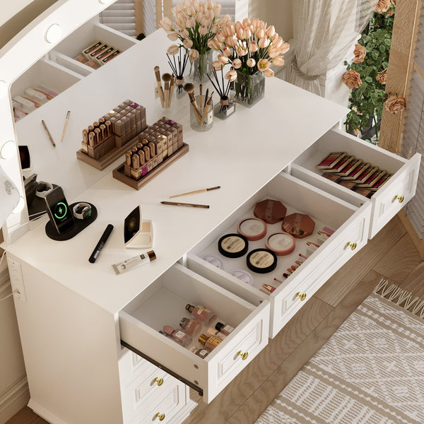 English Elm <old Sku Hollywood Vanity with 10 Bulbs 9 Drawers Cushioned Stool White Glam Bedroom N704G202308A