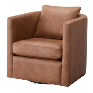 English Elm Sutton Ultra-Soft Faux Leather Swivel Barrel Chair in Brown — Stain-Resistant, Reversible Cushions, 360° Comfort B050P322591