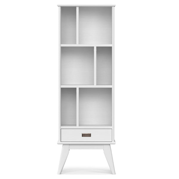 English Elm Draper Mid Century White Bookcase & Storage Unit — Solid Rubberwood, 6 Shelves, Drawer, Retro Chic B136P238620