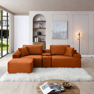 English Elm Modular Cloud Sectional Sofa with Corduroy Deep Seating Usb Ports and Storage Ottoman Orange W1117S00363