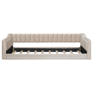 English Elm Twin XL Upholstery Daybed with Vertical Channel Tufting, Velvet Fabric, Slat Support & Side Storage Pocket for Guests Beige DL002210AAA