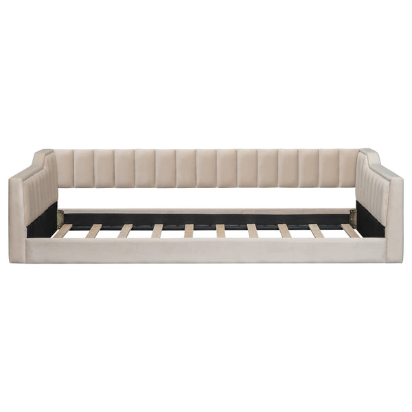 English Elm Twin XL Upholstery Daybed with Vertical Channel Tufting, Velvet Fabric, Slat Support & Side Storage Pocket for Guests Beige DL002210AAA